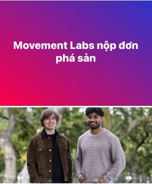 A promotional image with the text 'Movement Labs nộp đơn phá sản' (Movement Labs files for bankruptcy) above a photo of two men standing outdoors.