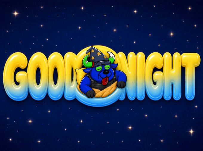 A 'GOOD NIGHT' graphic featuring bubble-style yellow-to-blue gradient letters with a sleeping blue cartoon character wearing a wizard hat on a starry background.