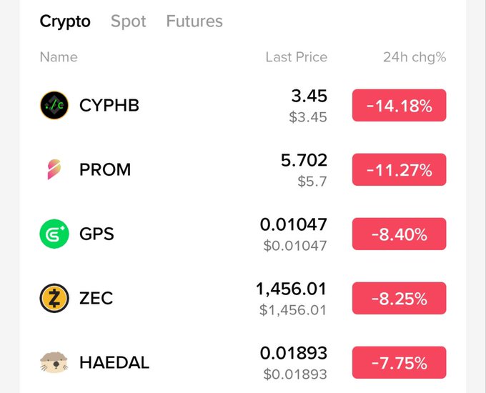 A cryptocurrency price list shows declining values: CYPHB at $3.45 (-14.18%), PROM at $5.702 (-11.27%), GPS at $0.01047 (-8.40%), ZEC at $1,456.01 (-8.25%), and HAEDAL at $0.01893 (-7.75%).