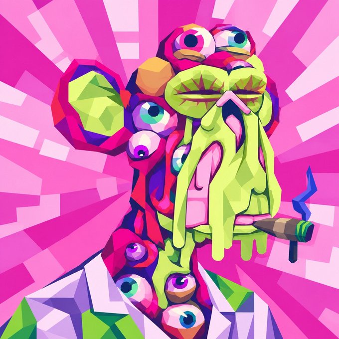 A colorful, psychedelic pop-art style illustration of a melting, multi-eyed green face smoking a cigar against a bright pink background with geometric shapes.