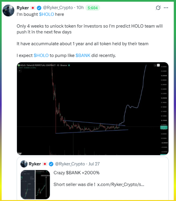 Ryker (@Ryker_Crypto) shares that he has bought $HOLO, citing a "beautiful accumulation chart" and an upcoming 4-week token unlock, predicting it will pump like $BANK which he previously celebrated for gaining +2000%.