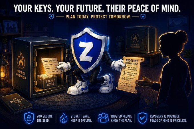 A promotional graphic with the tagline 'YOUR KEYS. YOUR FUTURE. THEIR PEACE OF MIND.' featuring an anthropomorphized Z (Zcash) shield character handing a 'Seed Phrase' and 'Recovery Instructions' scroll to a woman, promoting offline backup of seed phrases.