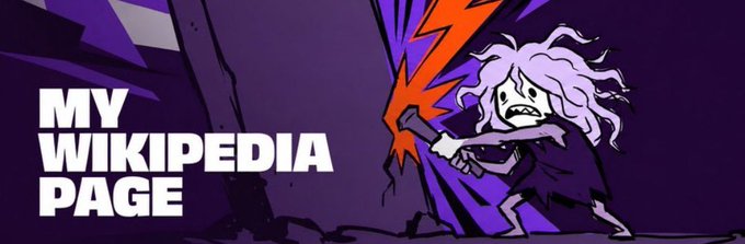 A stylized illustration showing a pale character with wild purple hair swinging a hammer at a rock, cracking it with a red lightning bolt, with bold text reading 'MY WIKIPEDIA PAGE'.