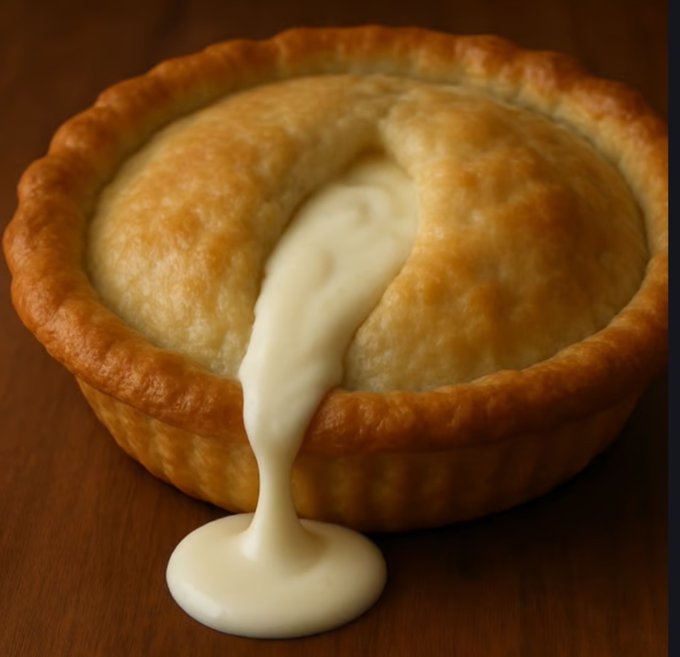 A golden-brown pie with creamy filling spilling out onto a wooden surface, perfectly capturing the indulgent essence of the $PIE token ("3.1459") whose smooth, decadent vibe is as satisfying as a slice of fresh-baked pastry.