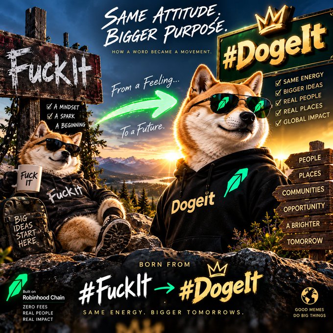 A promotional graphic showing a doge meme transitioning from '#FuckIt' to '#DogeIt', wearing sunglasses and a hoodie, with text reading 'SAME ATTITUDE, BIGGER PURPOSE' and 'Built on Robinhood Chain'.