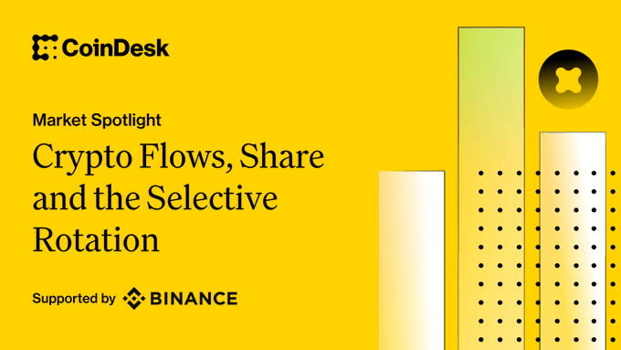 A CoinDesk "Market Spotlight" graphic titled "Crypto Flows, Share and the Selective Rotation," supported by Binance, featuring yellow and chart-like bar illustrations. The image aligns with the post by presenting a Binance-supported market analysis focused on crypto flow dynamics and market positioning.