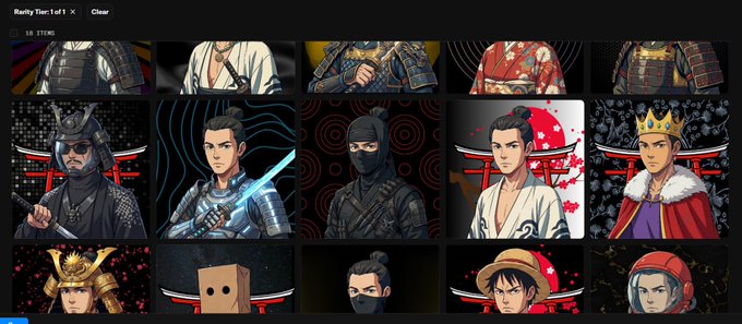 A pixel-art avatar selection screen titled 'Rarity Tier 1 of 1' displaying a grid of samurai-themed character portraits in various styles and outfits.