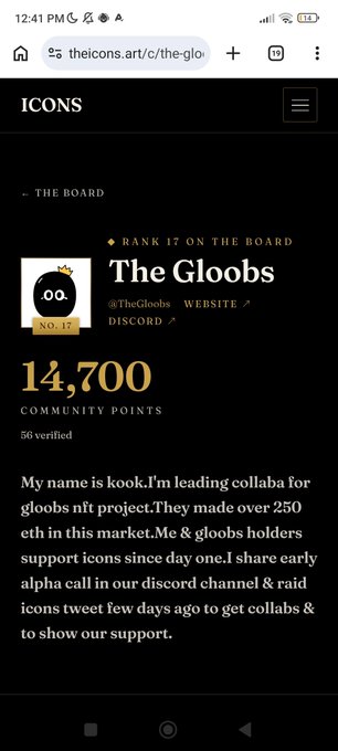 A mobile screenshot of 'The Gloobs' project page on theicons.art, ranked 17 on the board with 14,700 community points and a description introducing kook as the lead collaborator.