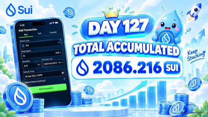 A promotional graphic for Sui cryptocurrency shows "DAY 127" and "TOTAL ACCUMULATED 2086.216 SUI" with a phone screen displaying a transaction interface.