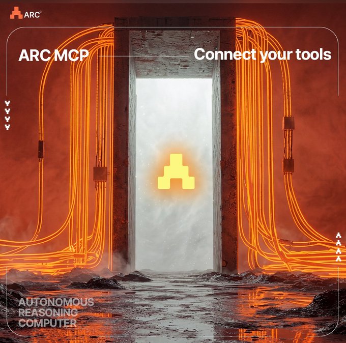 A promotional image for 'ARC MCP - Connect your tools' featuring a glowing yellow logo on a doorway surrounded by orange cables, labeled 'AUTONOMOUS REASONING COMPUTER' in the bottom left.
