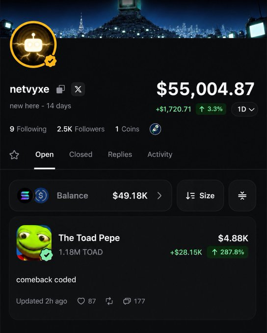 A user profile named "netvyxe" displays a portfolio value of $55,004.87 (up 3.3%) with their top holding being "The Toad Pepe" token (TOAD) at $4.88K, up 287.8%, reflecting their post celebrating a 14-day milestone on Pumpfun after growing from $900 to $55K.