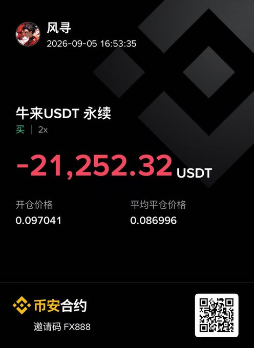 The image displays a Binance Futures trading P&L card from user "风寻" (dated 2026-09-05) showing a significant loss of **-21,252.32 USDT** on a 2x leveraged **long (买) position** in the **Nervos (CKB/牛来) USDT perpetual contract**, with an opening price of **0.097041** and an average closing price of **0.086996**—directly illustrating the costly overnight stop-out referenced in the caption "#Bull Market Stopped loss last night Pulling up the market today."