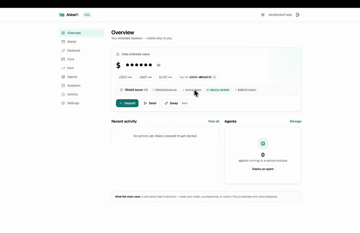 The image shows an account summary page for a mobile app called AidosFi Earn, which allows users to deposit and monitor their earned USDC (Uniswap token), or USDT (US dollar token) or EURC (Euro token). The page features various buttons providing options such as "Public", "Private", and "Yield". The user interface displays the balance of their account in USDC, with the option to transfer it over from another cryptocurrency to this one. The amount earned is also shown on the screen. The image seems to be related to a post discussing this app or promoting its features.