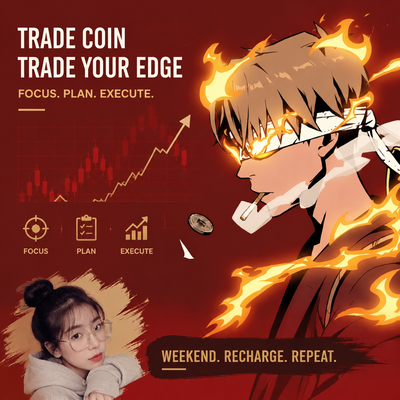 A promotional graphic features an anime character with flames and a real photo of a girl with glasses, alongside the text 'TRADE COIN TRADE YOUR EDGE', 'FOCUS. PLAN. EXECUTE.', and 'WEEKEND. RECHARGE. REPEAT.'