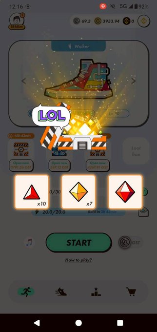 The image shows a phone screen with an app icon, which appears to be a game or puzzle. The main focus of the image is a small red triangle with a purple border that says "LOL" above it. Below this, there are three other smaller red triangles with different sizes and colors. In addition to these, there are two icons representing a shoe store and a music player. The phone screen also displays some text related to the game or puzzle being played on the app.