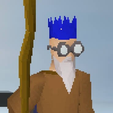 A low-polygon 3D character with spiky blue hair, round glasses, a long white beard, and brown robes, holding a wooden staff.