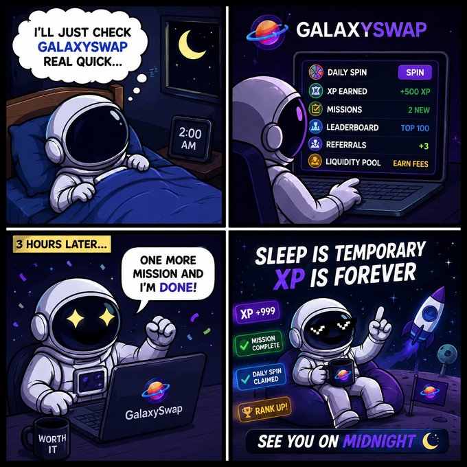 The image features a cartoon depiction of an astronaut named Xp who has just finished his daily spin exercise at 2 AM. The astronaut is shown using a laptop, which appears to be a GalaxySwap account, as he logs into his account after completing his workout. The post also mentions that the XP earned by the user can be used for daily spins and other missions in the game.