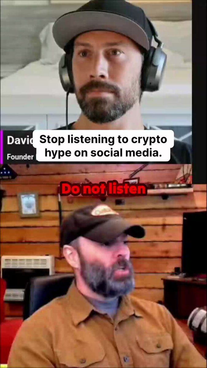 The image shows two men wearing hats, with one man wearing a hat that says "Dav" and another man wearing a hat that says "Do not listen to crypto hype on social media". The caption of the image reads "#Crypto #DeFi", which is related to the post about stopping people from chasing viral crypto calls.