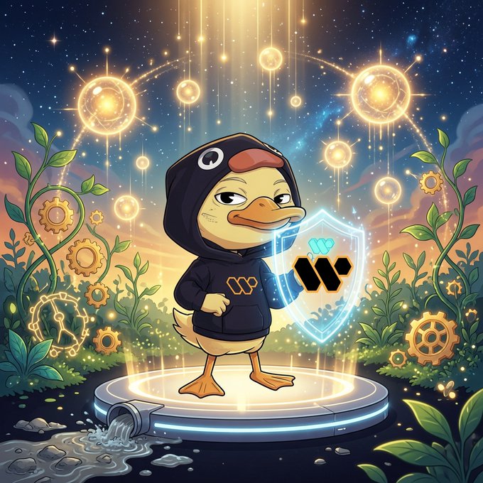 Digital illustration of an anthropomorphic duck character wearing a black hoodie, holding a glowing shield with a logo, standing on a pedestal in a magical cosmic setting.