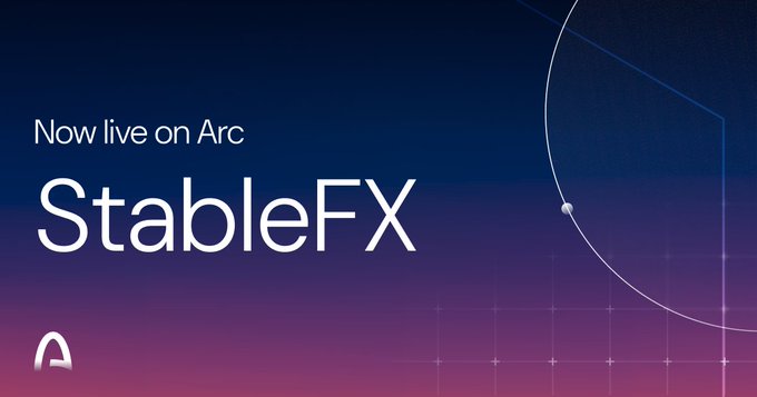 A dark gradient graphic announces 'Now live on Arc' for 'StableFX' with the Arc logo.