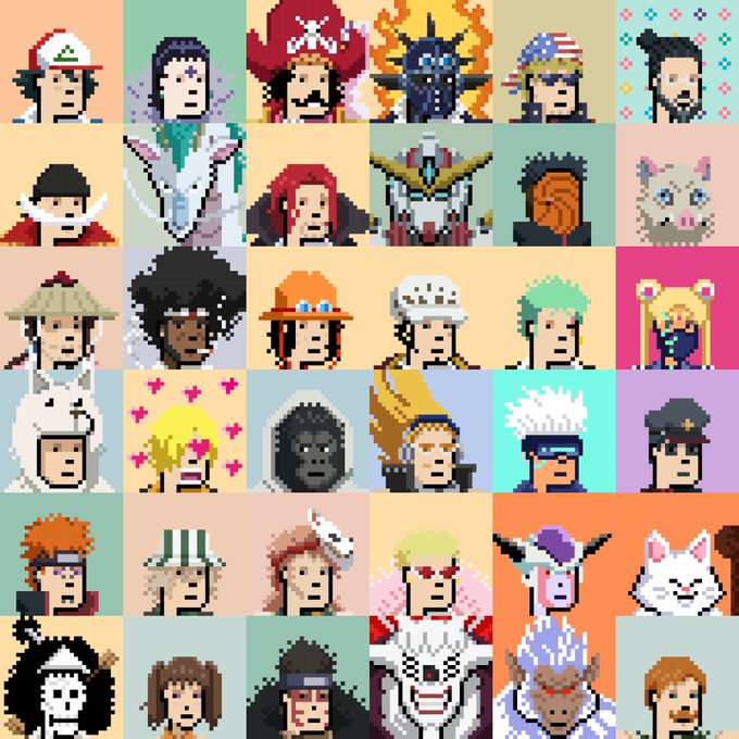 A grid of pixel art character portraits featuring various warriors, mythical figures, and animals—including a pirate captain, mech suits, samurai, and cats—styled as collectible NFT profile pictures from the Zaibatsu collection.