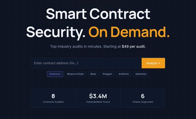 The image is a sleek dark-themed landing page for AstraLabs' Smart Contract Security service, headlined "Smart Contract Security. On Demand." with a tagline promising "Top industry audits in minutes. Starting at $49 per audit." It features an input field for contract addresses with network options (Ethereum, Binance Chain, Base, Polygon, Arbitrum, Optimism) and stats showing 8 contracts audited, $3.4M in vulnerabilities found, and 6 chains supported—visually reinforcing the post's point about Astra making audits fast and affordable at just $49.