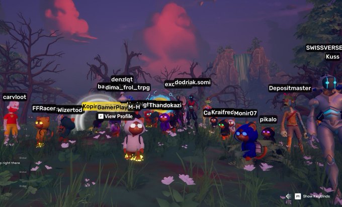 A screenshot from a multiplayer video game showing numerous player avatars with usernames floating above them (like 'carv100t', 'denzigt', 'SWISSVERSE', 'Kuss') gathered in a grassy area with trees and dramatic pink-purple clouds at dusk.