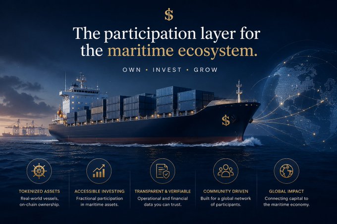 A promotional graphic featuring a cargo ship at sea with the headline 'The participation layer for the maritime ecosystem. OWN • INVEST • GROW', highlighting features: Tokenized Assets, Accessible Investing, Transparent & Verifiable, Community Driven, and Global Impact.