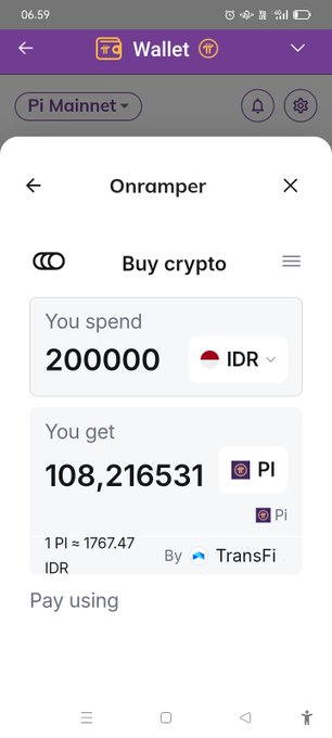 A mobile crypto wallet interface shows an Onramper screen where 200000 IDR is exchanged for 108.216531 PI at a rate of 1 PI = 1767.47 IDR, processed by TransFi.