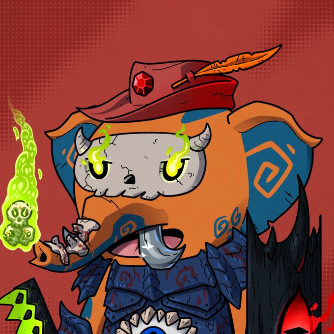 A cartoon illustration of a skeletal character wearing an orange hooded robe and a red hat, wielding green flaming magic.