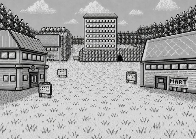 Monochrome pixel art depicting a town scene with buildings labeled 'PORT' and 'MART', a tall central building, trees, and grassy ground.