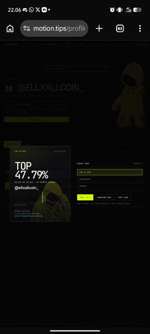 A mobile phone screenshot showing a web browser on motion.tips with a profile for @ELLXALLCOIN_ displaying a 'TOP 47.79%' ranking card against a dark background featuring a hooded figure mascot.