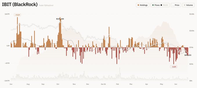 The image is a chart of BlackRock's IBIT Bitcoin ETF showing net flows, holdings, and price from June through mid-July, with key callouts including a +$926M inflow in July, a peak of $125.1B in October, and a recent -$265M outflow on 6/25, alongside $2.5B in volume. This visually represents the day's net outflow of $265.20 million in Bitcoin noted in the post.