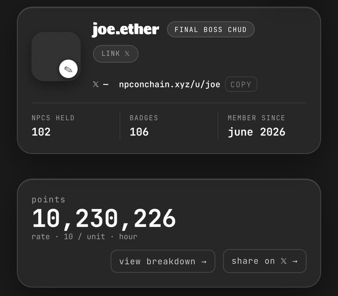 A user profile card for "joe.ether" on npconchain.xyz displaying 102 NPCs held, 106 badges, membership since June 2026, and a points balance of 10,230,226 at a rate of 10 per unit per hour. The image relates to the post by showing the user's account stats after linking their X account to NPC Onchain.