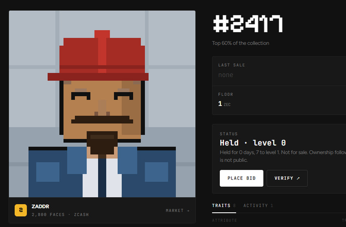 A digital interface displays an NFT-style pixel art character named 'ZADOR' wearing a red hat and blue jacket, listed as #2417 with 'Held - level 0' status and a 'PLACE BID' button.