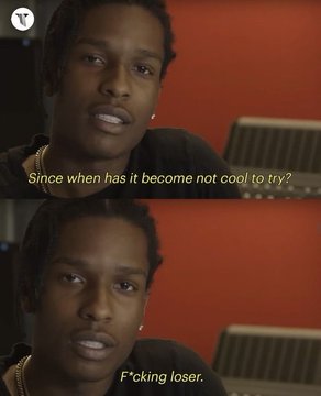 A$AP Rocky is featured in two stacked video frames delivering captions that read "Since when has it become not cool to try?" and "F*cking loser." The meme's confrontational tone is being used by the poster to promote urgency around their NFT collection, with only 10 remaining for sale.