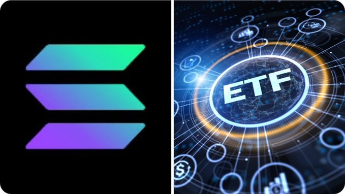 The image is split, showing the Solana logo on the left and a glowing "ETF" graphic surrounded by interconnected financial icons on the right, visually representing the newly launched Solana spot ETFs that recorded $3.8 million in net outflows last week.