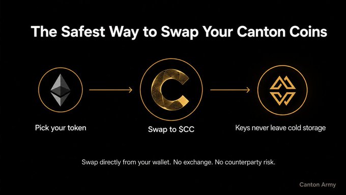 A promotional graphic titled "The Safest Way to Swap Your Canton Coins" illustrates a three-step process: "Pick your token" (ETH logo), "Swap to $CC" (Canton Coin 'C' logo), and "Keys never leave cold storage" (hardware wallet icon), emphasizing direct wallet-to-wallet swaps with no exchange or counterparty risk, branded by "Canton Army."