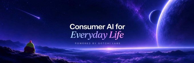 A cosmic landscape banner featuring a small character sitting on a rocky cliff gazing at planets and a shooting star, with text reading 'Consumer AI for Everyday Life POWERED BY GOTCHI LABS'.