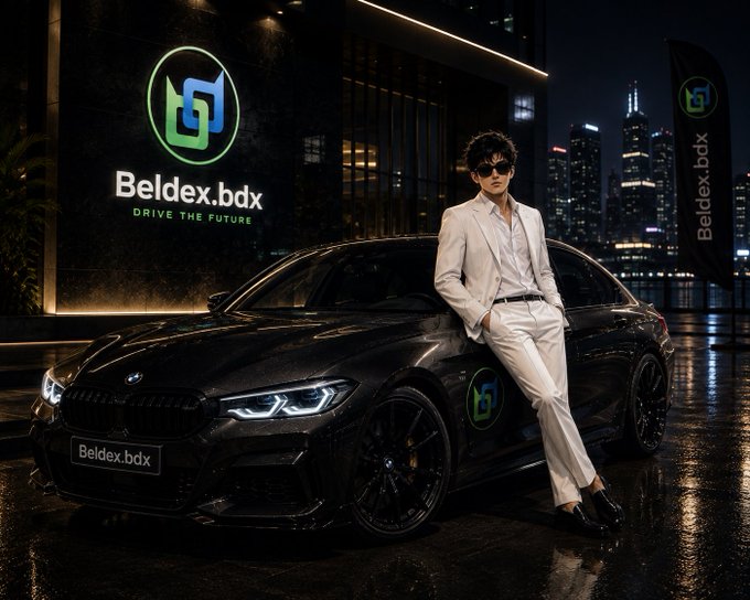A man in a white suit and sunglasses leans against a black BMW in front of a building displaying a large 'Beldex.bdx - DRIVE THE FUTURE' logo with a city skyline at night.