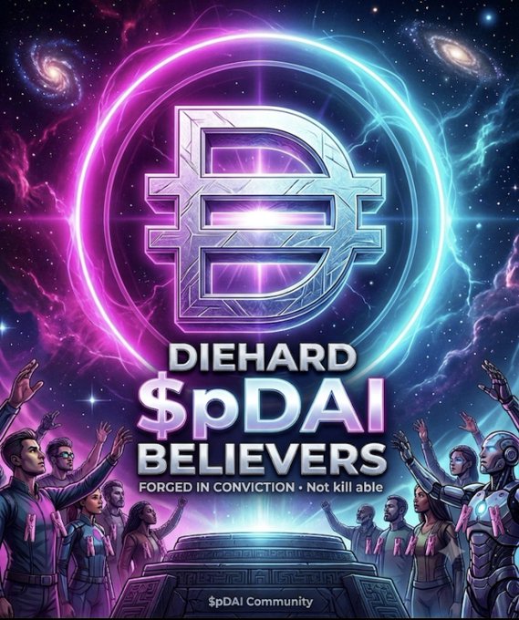 A vibrant cosmic scene depicts the "pDAI Believers" of the $pDai community on #PulseChain, with a glowing metallic "D" emblem set against a swirling purple and blue galaxy, while a diverse group of followers in futuristic attire reach up in devotion from below. The "Forged in Conviction · Not killable" tagline and "pDAI Community" footer reinforce the post's defiant message that nonbelievers still have time to join the movement before "Richard" shuts them down.