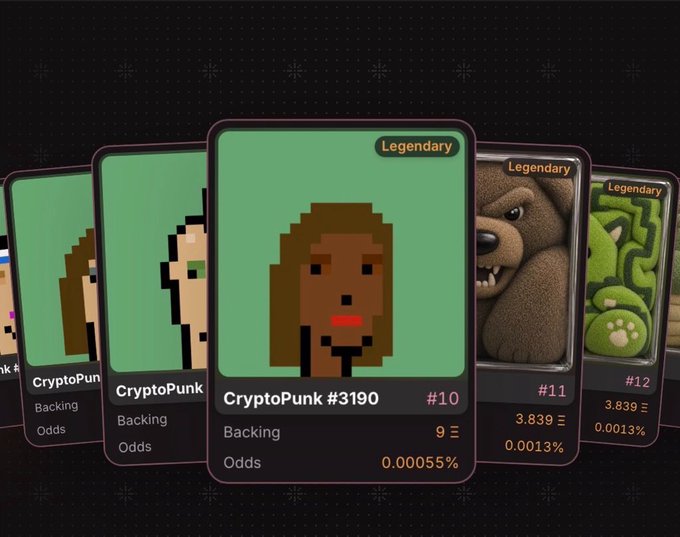 Digital trading cards display legendary CryptoPunks, including one labeled 'CryptoPunk #3190' with 9 backing and 0.00055% odds.
