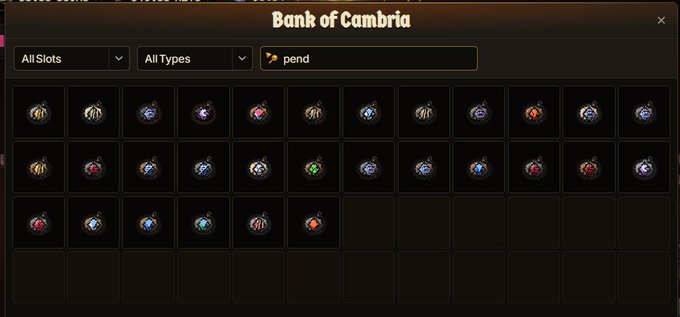 A 'Bank of Cambria' inventory interface showing a grid of amulet items with a search filter for 'pend' applied.