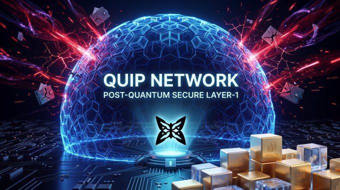 A futuristic promotional graphic for "QUIP NETWORK," labeled as a "POST-QUANTUM SECURE LAYER-1," featuring a glowing blue hexagonal dome shield against a dark background with red energy beams and scattered gold "QUIP" crypto token cubes, visually representing the project's promise of quantum-resistant blockchain security against future computing threats.