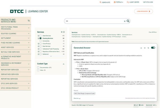 The image shows a DTCC Learning Center search result for "XRP" displaying an AI-generated answer explaining that XRP is classified as a cryptocurrency subject to specific haircuts based on trading conditions, including a 100% haircut for assets not listed on its appendix—highlighting regulatory treatment of XRP as if reinforcing skepticism about the token's market legitimacy.