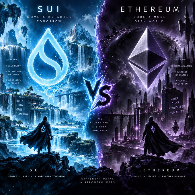 A fantasy-style comparison poster contrasting 'SUI' (Move a Brighter Tomorrow) with 'ETHEREUM' (Code a More Open World), featuring two caped figures facing each other across a 'VS' divide.