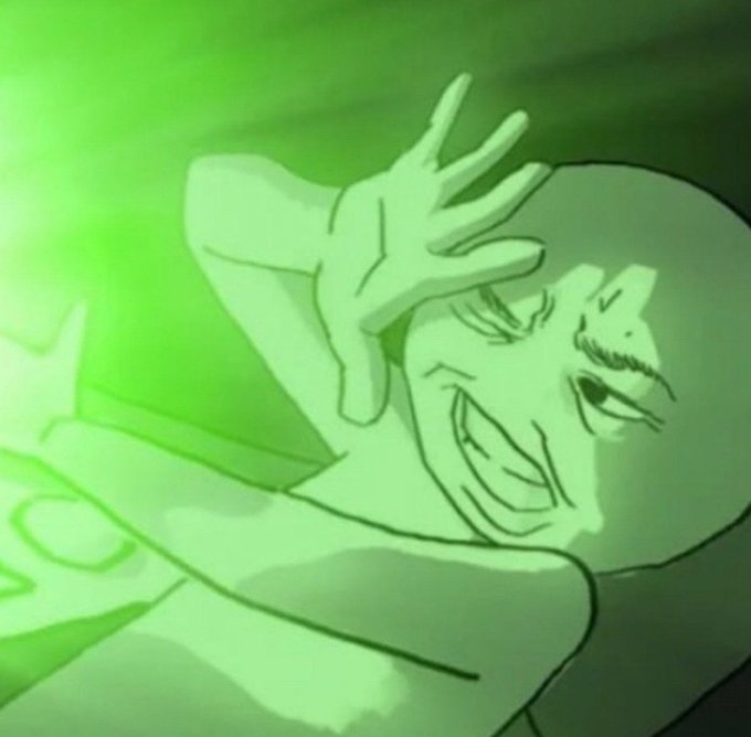 A stylized animated illustration of a man with a sinister grin holding his hand up, bathed in green light.