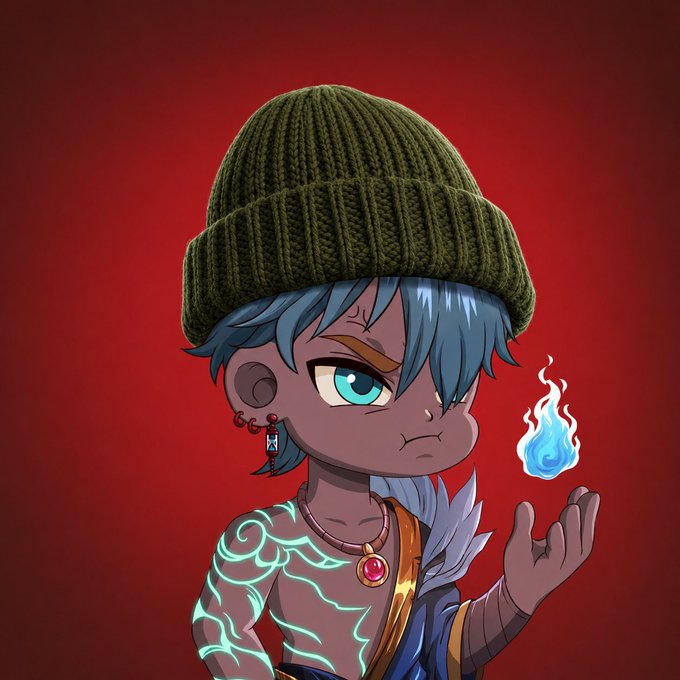A digital illustration of an anime-style character with blue hair, a green beanie, and glowing turquoise tribal tattoos on their arm, holding a small blue flame against a red background.