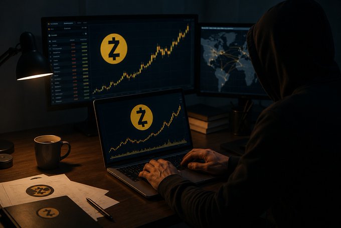 In this image, there is a person sitting at their computer desk with two laptops open side by side displaying a stock chart, possibly related to Bitcoin prices or cryptocurrency trends. The person appears to be using a mouse while working on one of the laptops.