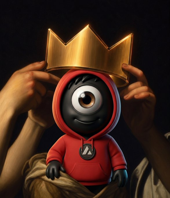 A 3D-rendered one-eyed black character wearing a red hoodie being crowned with a large golden crown by two hands against a dark background.